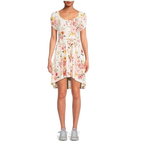 Women's Floral High-Low Dress XL Fairy Puff Sleeves Waist Tie White Pink Yellow - Picture 6 of 9